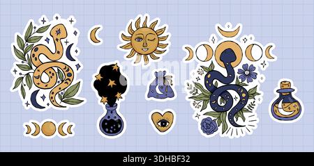 Mystical Snakes witchy Stickers with Moon Phase, Flowers, Sun, potion bottles and celestial symbols. Isolated Vector Magical Color Textured Hand Drawn Stock Vector