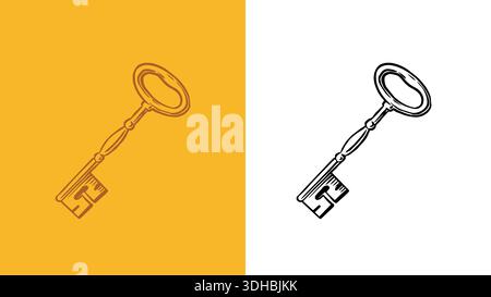 Old Golden key. Symbol of secret knowledge. Medieval looking icon for all the locks. Hand drawn engraving in vintage style. Stock Vector