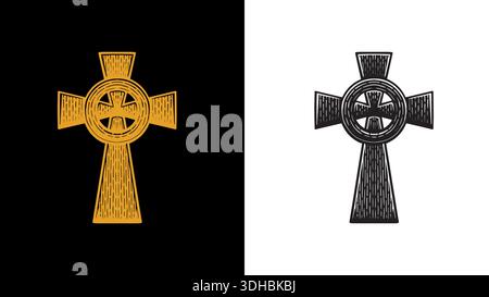 Celtic religious cross. Irish and Britain symbol of Jesus and God. Hand drawn engraving silhouette in woodcut style. Stock Vector