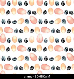 Watercolor seamless pattern with different chicken and quail eggs. Easter holiday illustration for decorative background, wrapping paper, fabric Stock Vector