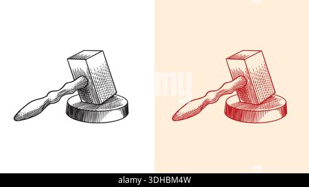 Judges gavel as symbol of justice also been used by masons and illuminati brotherhood. hand drawn engraving in old vintage style. Stock Vector