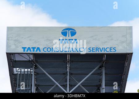 Tata Consultancy Services logo displayed on a modern corporate structure in Düsseldorf Stock Photo