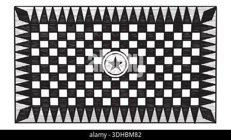 Mason checkered floor with black and white squares and a star in the middle. Hand drawn engraving in lineart Stock Vector