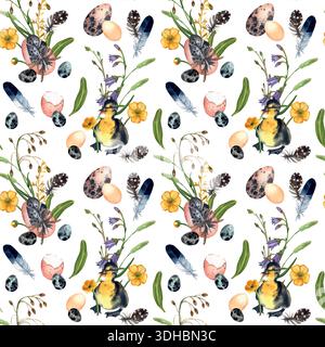 Seamless watercolor pattern for Easter. Spring flowers, ducklings, chickens, eggs, feathers, all hand-painted with watercolor. Hand drawn watercolor i Stock Vector