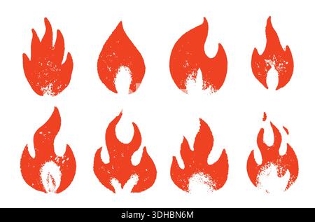 Collection of grungy fire flames. different elements for bonfire or other usage. Modern street style drawing art. hand drawn  Stock Vector