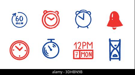 Time and clock icon symbols in grungy style. hourglass and date timer . Emblems for business and web Stock Vector