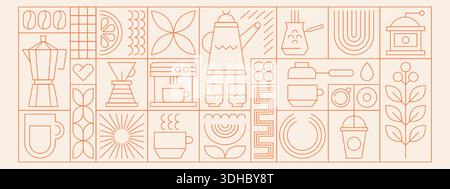 Abstract geometric coffee pattern in minimalist style. Vector seamless background with line art beans, drink cups, hot pot, plant, leaves, bauhaus simple shapes elements. Design template for cafe menu Stock Vector