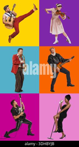 Musicians performing solo with instruments on bright backgrounds composition. Stock Photo