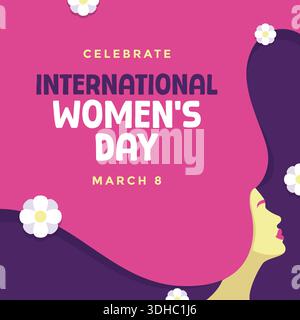 International Women's Day social media posts greeting design featuring side profile of a woman with pink hair set against a dark purple background. Stock Vector