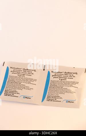 The Hague, netherlands - January 20 2026: sachets of granular fibre for prevention of constipation and better gut health Stock Photo