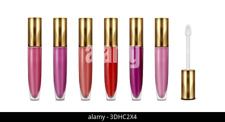 Lip gloss bottles set isolated on white background. Vector realistic illustration of pink, red, purple color lipstick mockup, transparent plastic or glass packages with applicator, beauty cosmetics Stock Vector