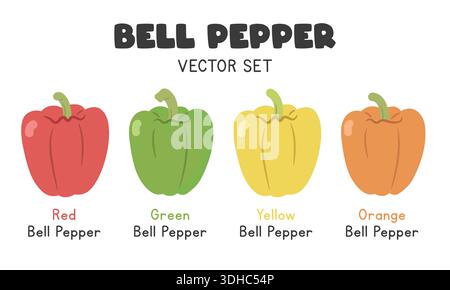 Multicolor Bell Peppers Flat Cartoon Vector Illustration Isolated on White Background. Red, Green, Yellow, and Orange Bell Pepper Vector set Stock Vector