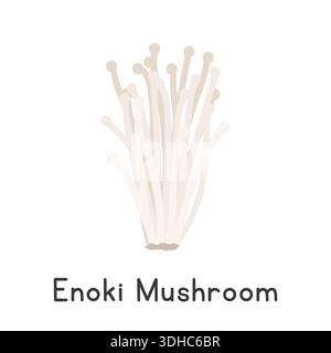 Enoki Mushroom Vector Illustration. Enoki or Flammulina filiformis Cartoon Clipart, Vegetable in Flat Style. Also called Enokitake or Lily Mushroom Stock Vector