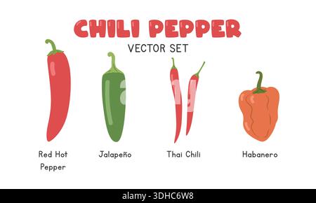 Chili Pepper Flat Cartoon Vector Set Isolated on White Background. Red Hot Pepper, Jalapeno, Thai Chili, and Habanero Pepper Stock Vector