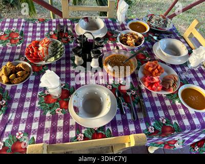 Traditional meal served on outdoor table with multiple shared dishes Stock Photo