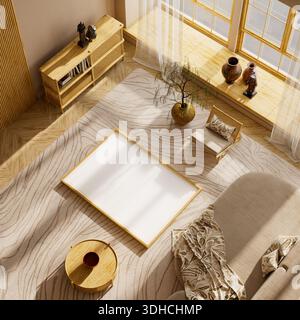 Elegant flat layout showing framed artwork, sculpture and cozy wooden detail in calm tone. 3D illustration. Stock Photo
