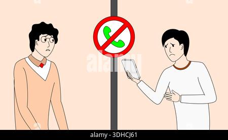 Two men are standing next to a pole with a no cell phone sign. One man is looking at his phone while the other man looks at him Stock Vector