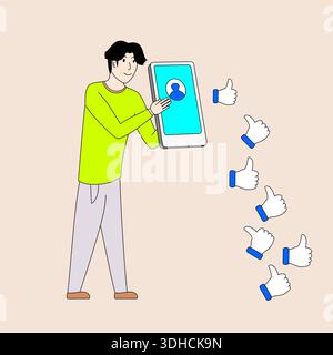 A man is holding a cell phone and looking at a screen with thumbs up icons. The thumbs are spread out in different directions, indicating that the man Stock Vector