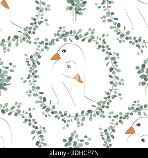 Goose couple in floral eucalyptus wreath frames seamless pattern. Cute Vintage vector illustration. Greeting Valentine day, wedding or romantic card Stock Vector
