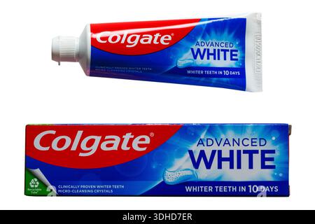 Tube of Colgate Advanced White toothpaste whiter teeth in 10 days clinically proven whiter teeth micro-cleansing crystals isolated on white background Stock Photo