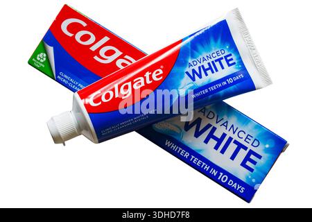 Tube of Colgate Advanced White toothpaste whiter teeth in 10 days clinically proven whiter teeth micro-cleansing crystals isolated on white background Stock Photo