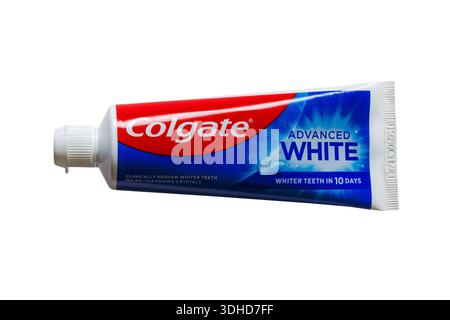 Tube of Colgate Advanced White toothpaste whiter teeth in 10 days clinically proven whiter teeth micro-cleansing crystals isolated on white background Stock Photo