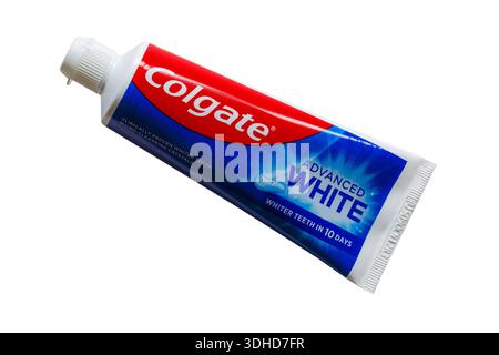 Tube of Colgate Advanced White toothpaste whiter teeth in 10 days clinically proven whiter teeth micro-cleansing crystals isolated on white background Stock Photo