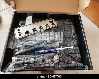 Open box containing computer motherboard components and thermal paste syringe Stock Photo