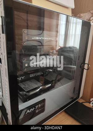 Inside a Custom PC Case with RGB Lighting and High-Performance Components Stock Photo
