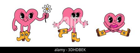 Cute pink groovy heart characters set showing love emotions isolated on white background. Playful romantic illustration for valentines day designs, st Stock Vector