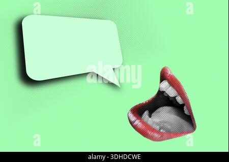 Halftone collage retro banner template, mouth and speech bubble. Empty space for text. Pop art style Stock Photo