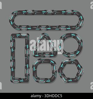 Premium collection of black futuristic frames with cyan glowing details. Perfect for game UI, high-tech dashboards, and modular digital interfaces. Stock Vector