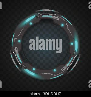 High-tech circular border with cyan neon glowing points. Ideal for game interfaces, sci-fi HUDs, technology portals, and digital avatar frames. Stock Vector