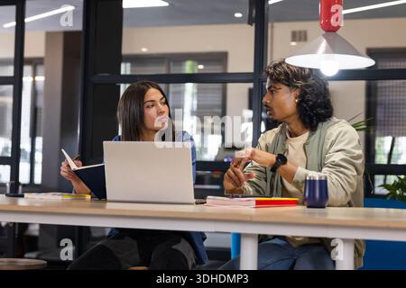 Asian coworkers sitting at shared table in modern coworking office, reviewing laptop and notebooks Stock Photo