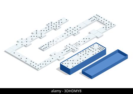 Isometric domino set with tiles and box. Classic tabletop game concept isolated on white background. Stock Vector
