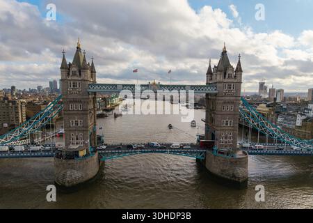 Aerial photograph of Tower Bridge in London showing the iconic landmark crossing the River Thames in the UK capital. Stock Photo