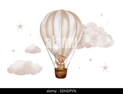 Watercolor pink Air Balloons with basket and bears holding balloon. Hand drawn illustration for Children design in Cartoon style. Design for kid's goo Stock Photo