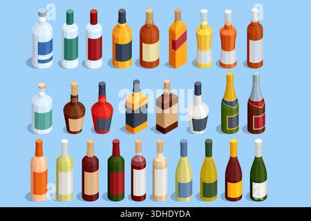 Alcoholic drink bottle set. Isometric set of assorted alcohol bottle with different shape and color. Collection of beverage container for bar Stock Vector