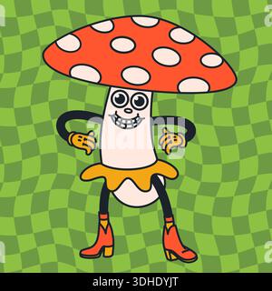Groovy cartoon mushroom character with red fly agaric cap and smiling face on green checkered wavy background. Playful retro vector illustration Stock Vector