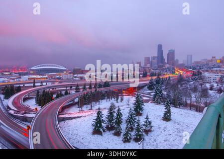 Downtown Seattle and moving traffic during a snow storm - long exposure Stock Photo