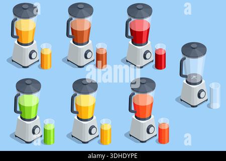 Blender juice set. Isometric blender with glass and fresh juice. Kitchen appliance for smoothie, cocktail and healthy drink preparation. Isolated Stock Vector