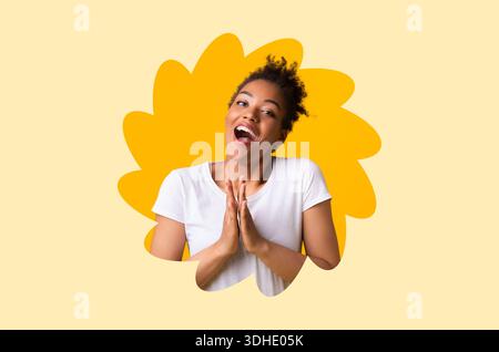 Collage Showing a Woman Smiling and Expressing Joy With a Bright Background Stock Photo