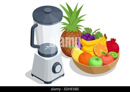 Blender with fruit bowl. Blender smoothie. Isometric blender with bowl of fresh fruit. Healthy food concept with kitchen appliance for juice and Stock Vector