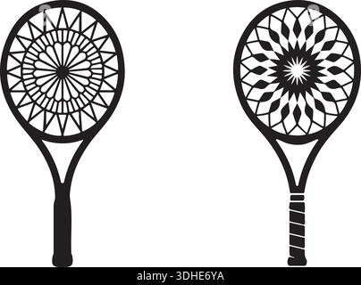 Ornate Tennis Racket Silhouette Vector Set, Mandala Pattern Sports Icon, Decorative Tennis Paddle Illustration Stock Vector