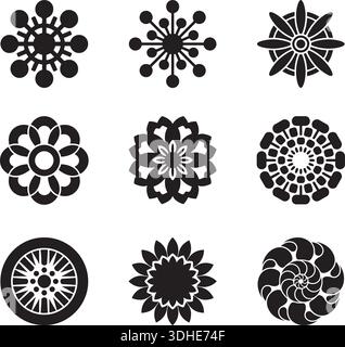 Set of Nine Ornamental Flower Mandala Silhouette Icons Isolated Vector Elements Stock Vector