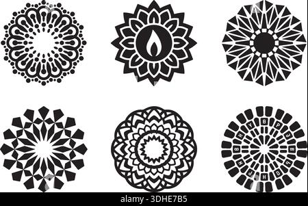 Set of Six Ornamental Flower Mandala Silhouette Icons Isolated Vector Collection Stock Vector