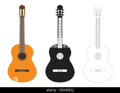 Acoustic Classical Guitar Vector Set with Flat Color Silhouette and Line Art Illustration Icons Stock Vector