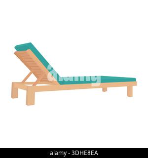 Modern Wooden Beach Sun Lounger with Comfortable Teal Mattress Isolated on White Background Stock Vector