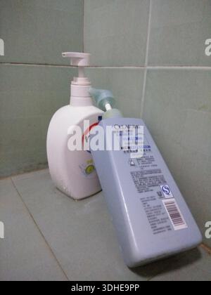 Bathroom soap and cleaning product bottles on tiled shelf Stock Photo