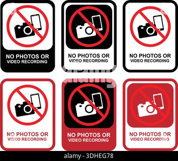 No Photos or Video Recording Prohibition Sign Badge Set for Public and Private Areas Stock Vector